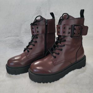 Yoki Women's Oxblood Chunky Vegan Leather Combat Boots Maroon Size 39 EU